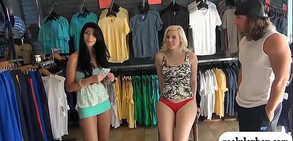  Cute blondie gets pounded by hunky guy in clothes store